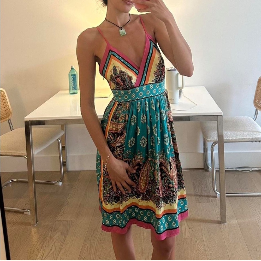 Nicole Miller Placed Paisley Empire Babydoll Dress Teal Pink Orange 12 hippie - Picture 6 of 6